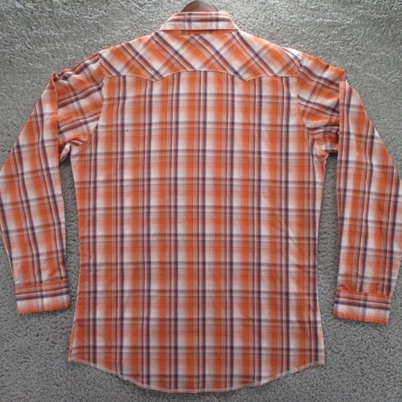 Wrangler Shirt Adult 2XL XXL Pearl Snap Orange Blue Tartan Plaid Men Button Down - Picture 10 of 15